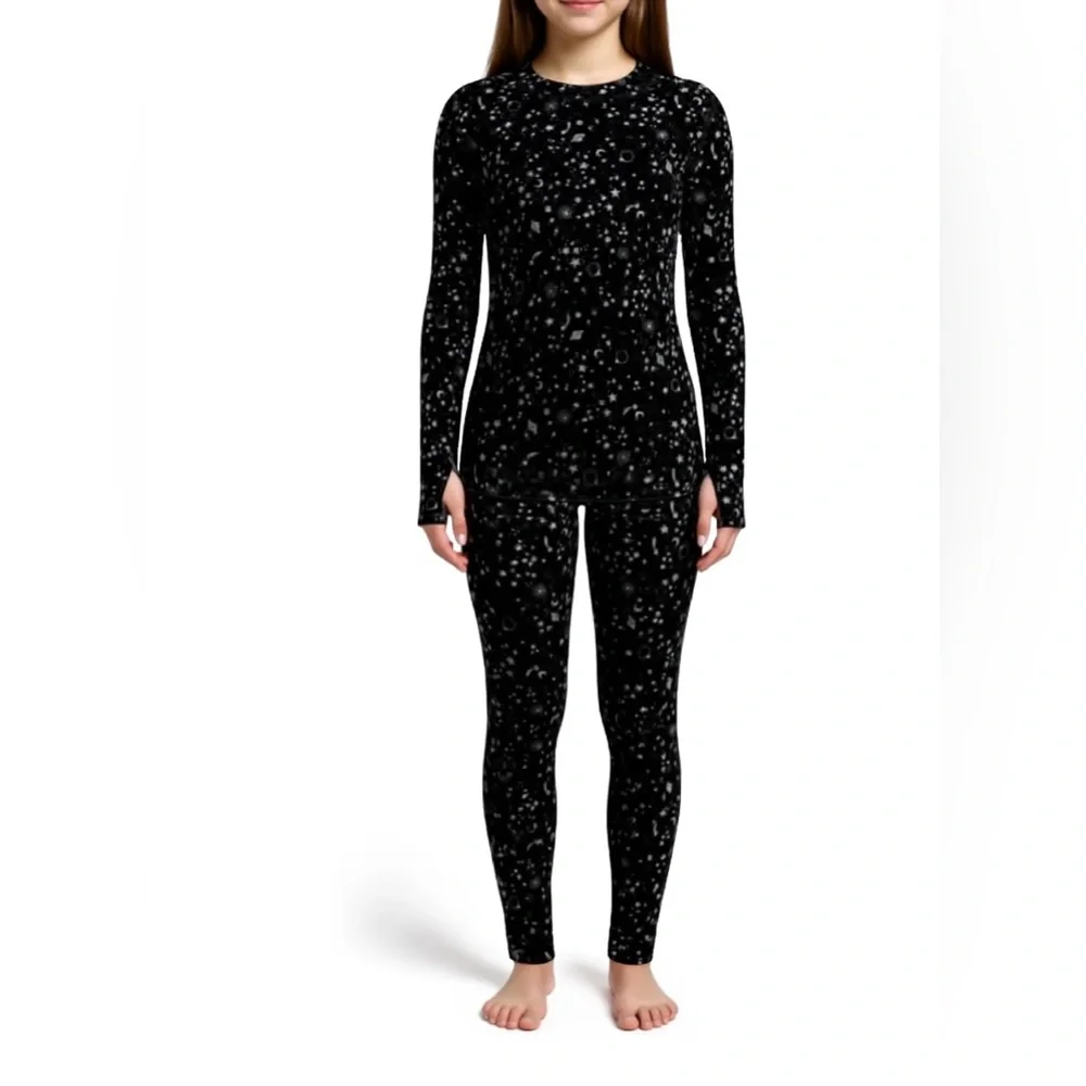 NWT‎ Athletic Works Girls Thermal Base Layer Set Black Star Print